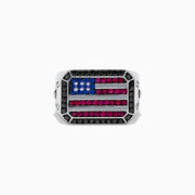 The Mens Sterling Silver Black Diamond, Ruby, Sapphire Air Force Ring features a rectangular design with the American flag motif, accented by black diamonds, rubies, and sapphires to represent the flags colors.