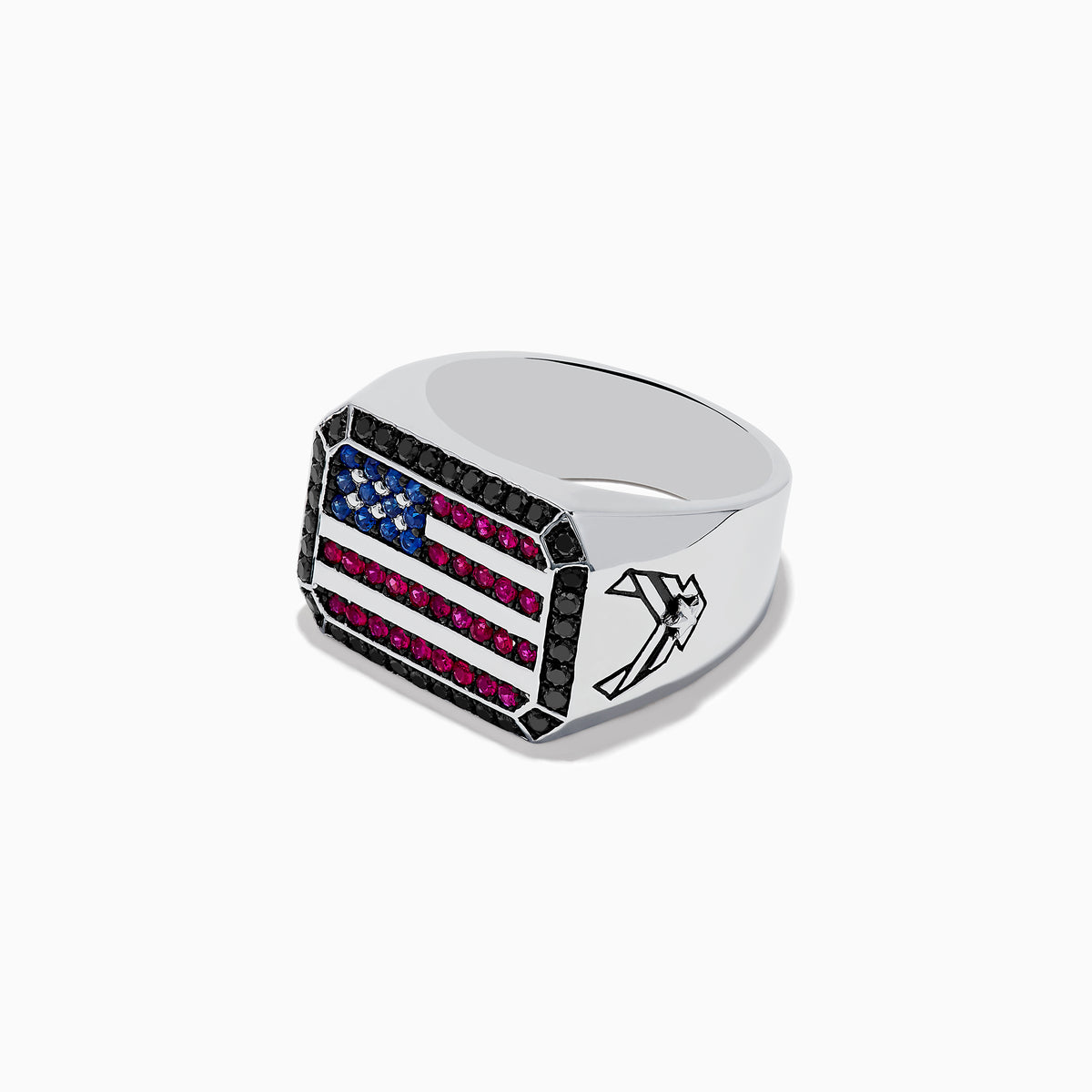 The Mens Sterling Silver Black Diamond, Ruby, Sapphire Air Force Ring features a rectangular design with the American flag motif, accented by black diamonds, rubies, and sapphires to represent the flags colors.