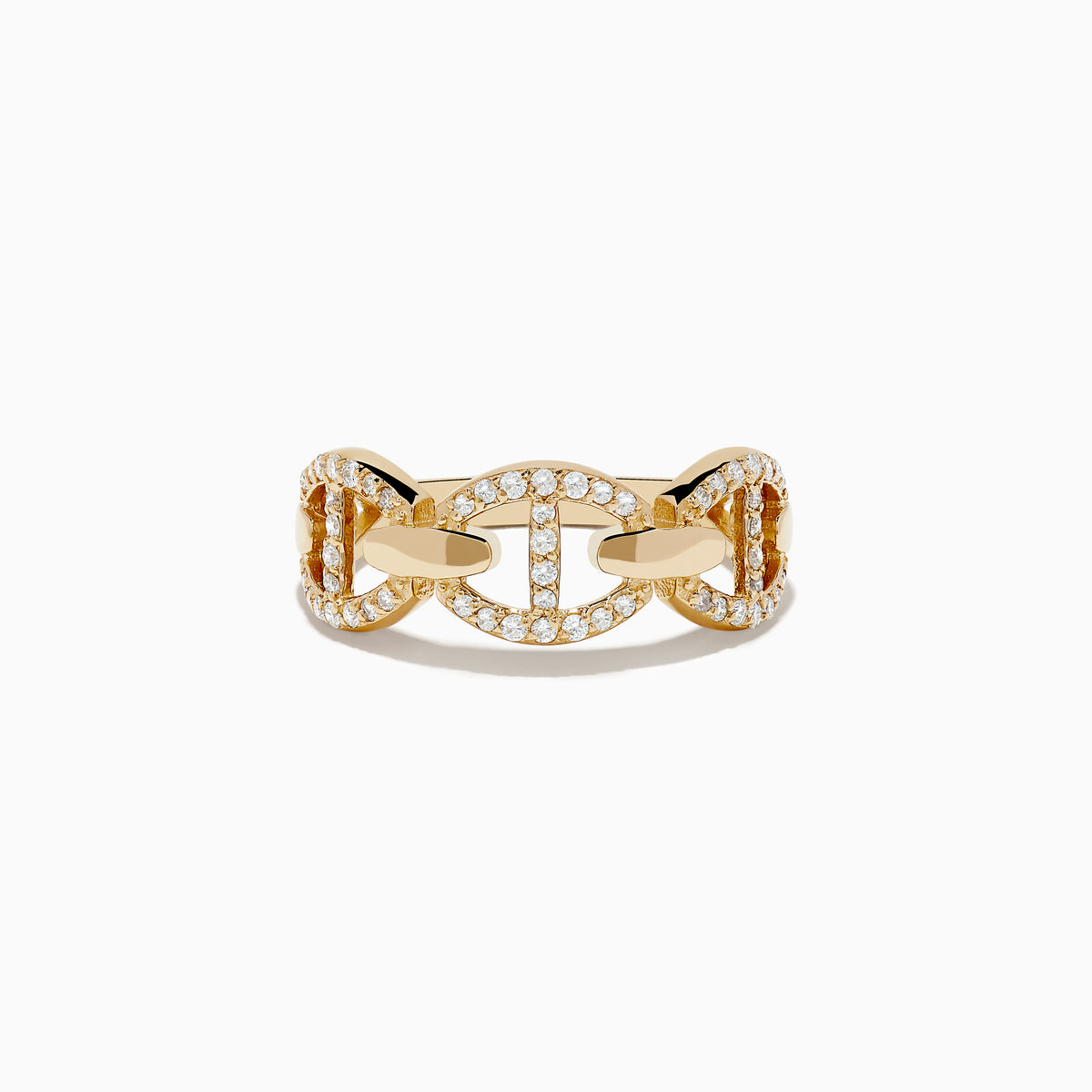 The Doro 14K Yellow Gold Diamond Anchor Chain Band features an interlocking chain design adorned with sparkling diamonds, displayed against a plain white background.