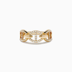 The Doro 14K Yellow Gold Diamond Anchor Chain Band features an interlocking chain design adorned with sparkling diamonds, displayed against a plain white background.
