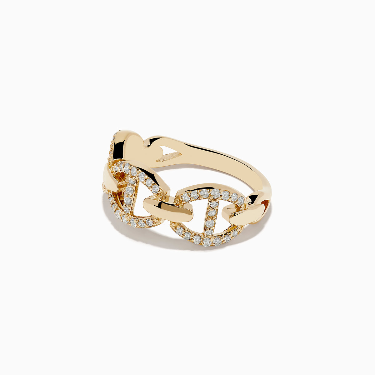The Doro 14K Yellow Gold Diamond Anchor Chain Band features an interlocking chain design adorned with sparkling diamonds, displayed against a plain white background.