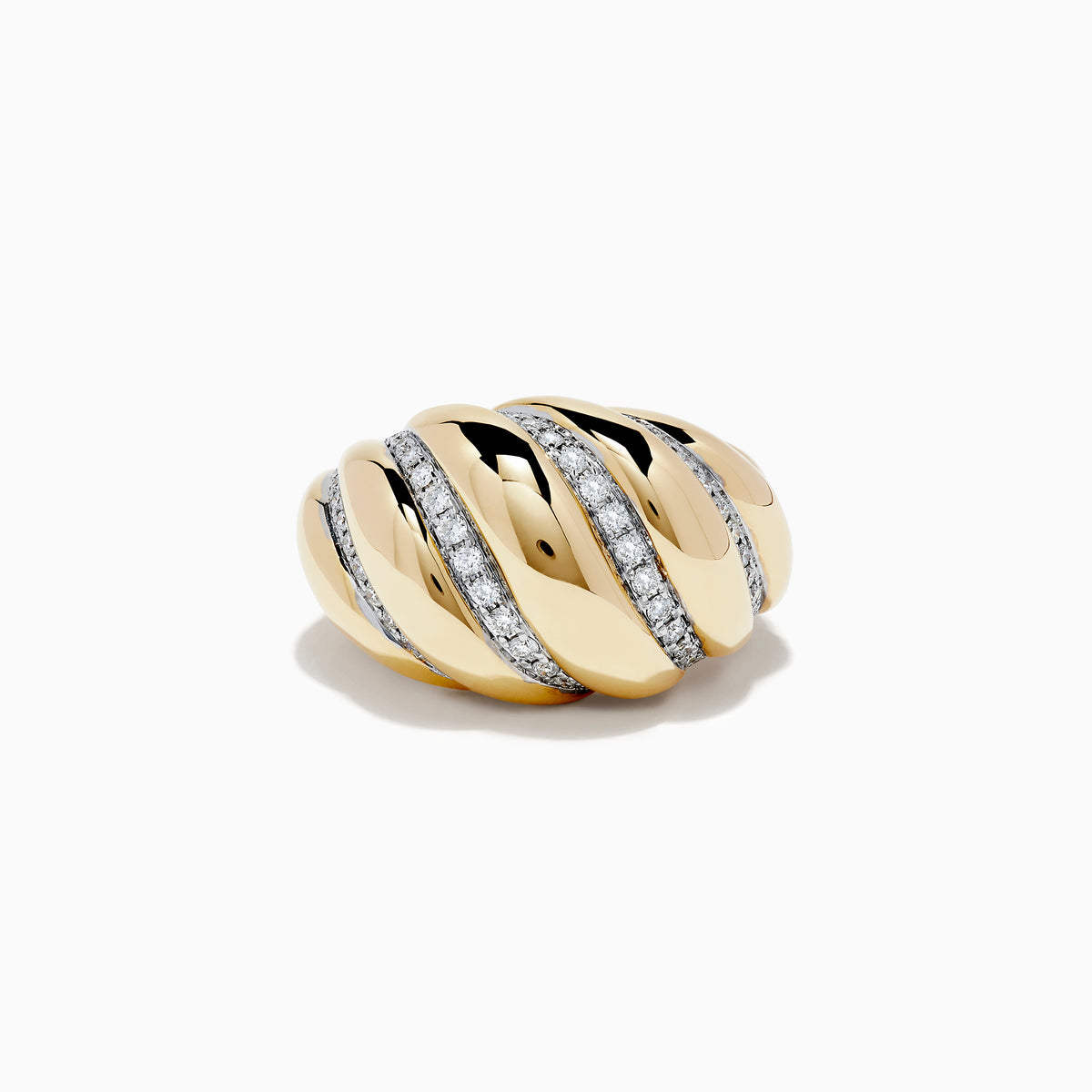 The DOro 14k Yellow Gold Dome Diamond Croissant Ring features wide, rounded yellow gold bands with alternating rows of dome diamonds, shown on a white background.