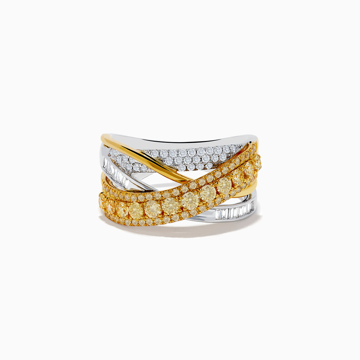 The Canare Two-Tone White & Yellow Diamond Crossover Ring showcases intertwined yellow and white gold bands set with yellow and white diamonds in various shapes, displayed on a white background.