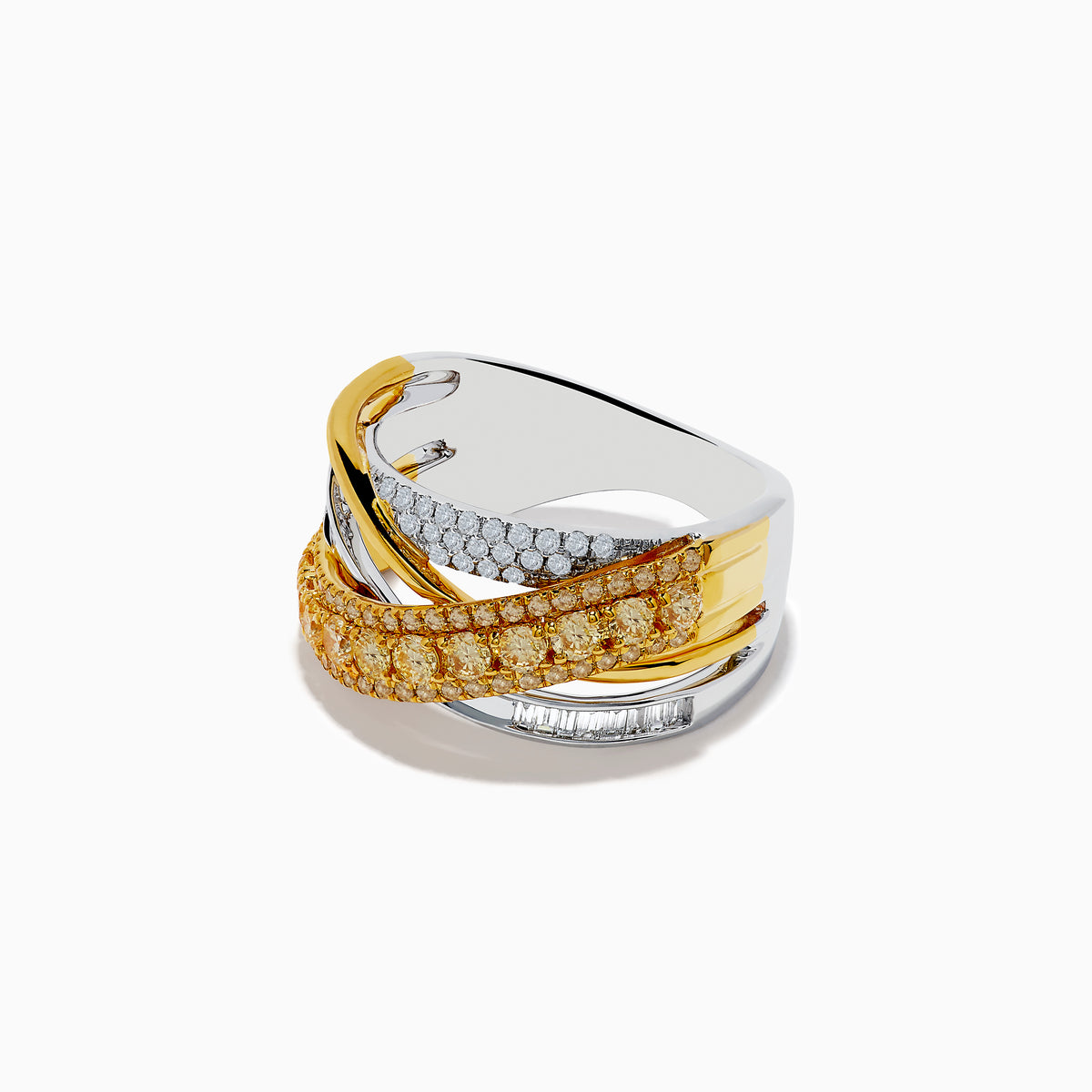 The Canare Two-Tone White & Yellow Diamond Crossover Ring showcases intertwined yellow and white gold bands set with yellow and white diamonds in various shapes, displayed on a white background.