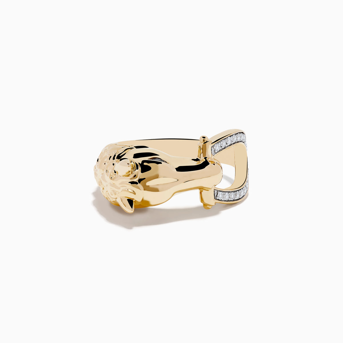 The Mens 14K Yellow Gold Black and White Diamond Horse Ring features a horse head holding a diamond-encrusted horseshoe, displayed on a plain white background.