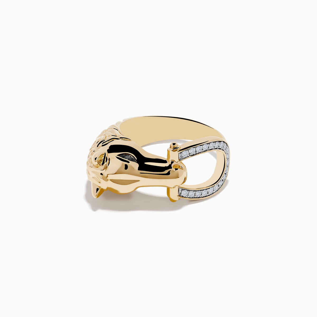 The Mens 14K Yellow Gold Black and White Diamond Horse Ring features a horse head holding a diamond-encrusted horseshoe, displayed on a plain white background.