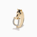 The Mens 14K Yellow Gold Black and White Diamond Horse Ring features a horse head holding a diamond-encrusted horseshoe, displayed on a plain white background.