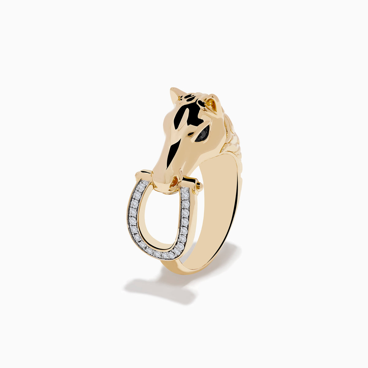 The Mens 14K Yellow Gold Black and White Diamond Horse Ring features a horse head holding a diamond-encrusted horseshoe, displayed on a plain white background.