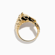The Mens 14K Yellow Gold Black and White Diamond Horse Ring features a horse head holding a diamond-encrusted horseshoe, displayed on a plain white background.
