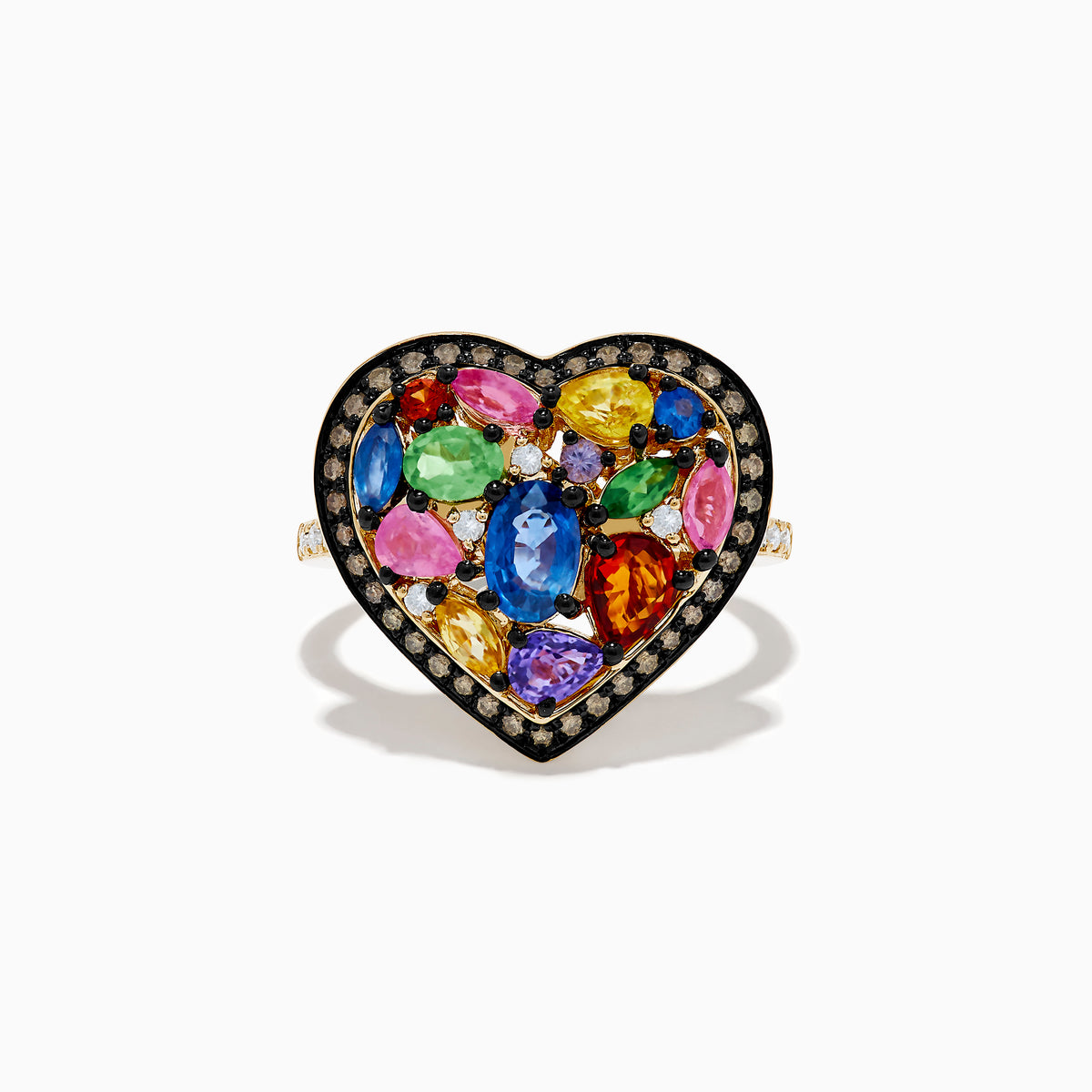 The Watercolors 14K Yellow Gold Multi Color Sapphire and Diamond Heart Ring features a heart-shaped design with vibrant sapphires and sparkling diamonds, set in yellow gold on a white background.