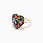 The Watercolors 14K Yellow Gold Multi Color Sapphire and Diamond Heart Ring features a heart-shaped design with vibrant sapphires and sparkling diamonds, set in yellow gold on a white background.