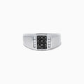 Mens 14K White Gold White and Black Diamond Ring with a rectangular black diamond cluster center, framed by two vertical rows of white diamonds on each side, shown on a plain white background.