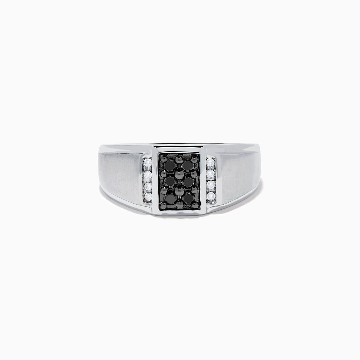 Mens 14K White Gold White and Black Diamond Ring with a rectangular black diamond cluster center, framed by two vertical rows of white diamonds on each side, shown on a plain white background.