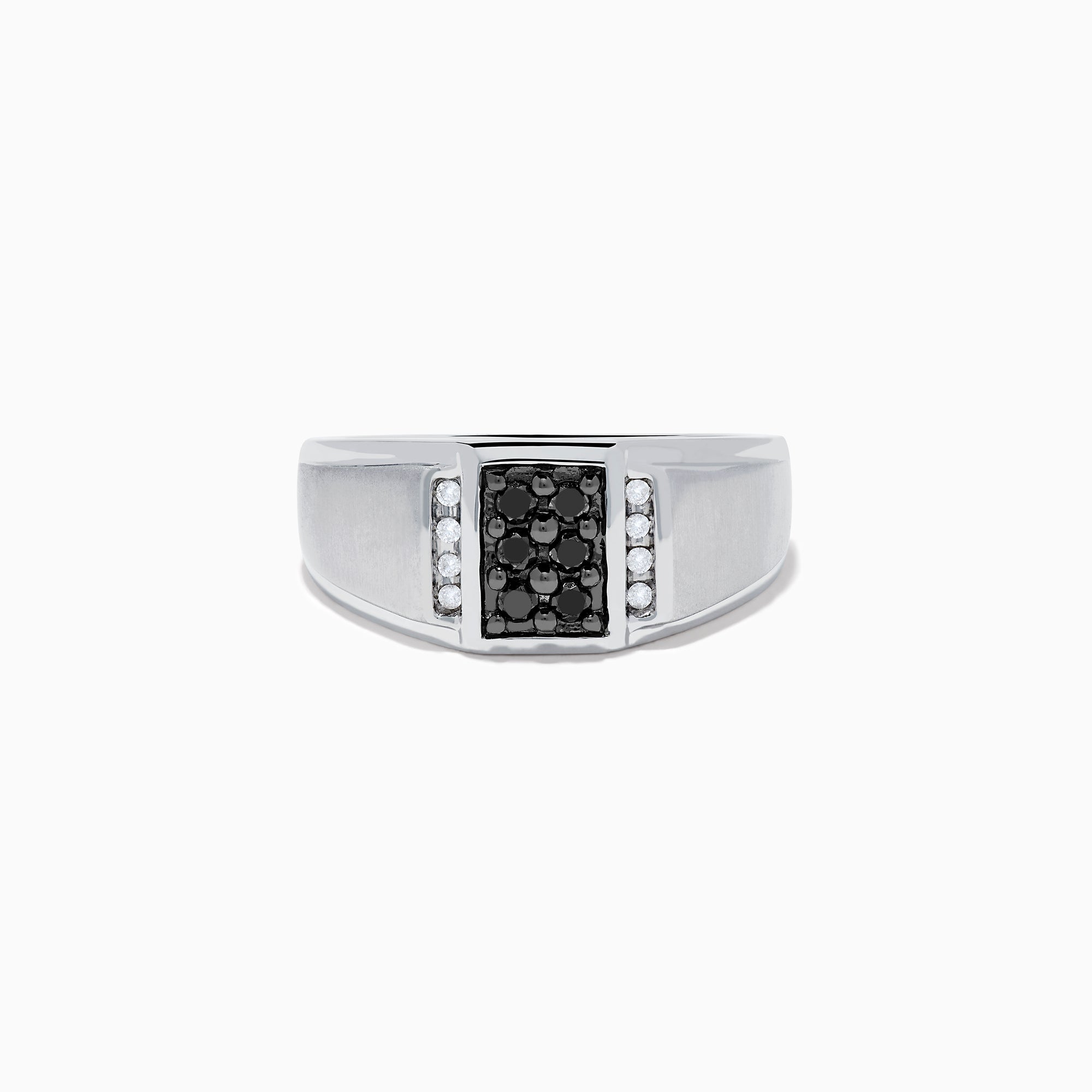 Mens 14K White Gold White and Black Diamond Ring with a rectangular black diamond cluster center, framed by two vertical rows of white diamonds on each side, shown on a plain white background.