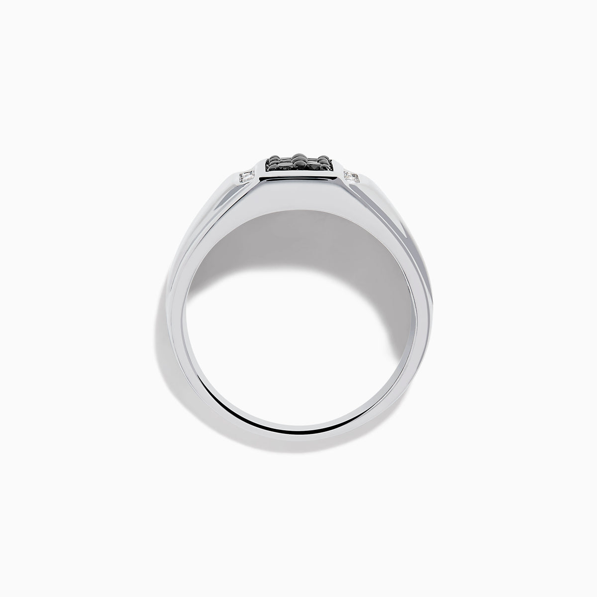 Mens 14K White Gold White and Black Diamond Ring with a rectangular black diamond cluster center, framed by two vertical rows of white diamonds on each side, shown on a plain white background.
