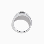 Mens 14K White Gold White and Black Diamond Ring with a rectangular black diamond cluster center, framed by two vertical rows of white diamonds on each side, shown on a plain white background.