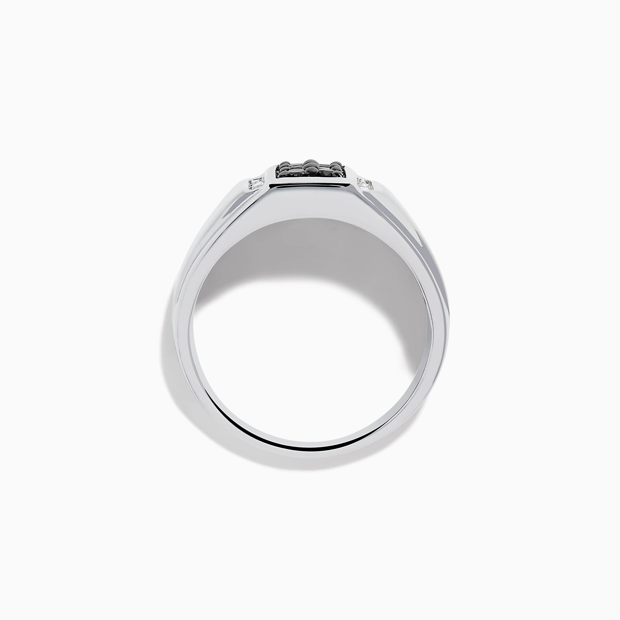 Mens 14K White Gold White and Black Diamond Ring with a rectangular black diamond cluster center, framed by two vertical rows of white diamonds on each side, shown on a plain white background.