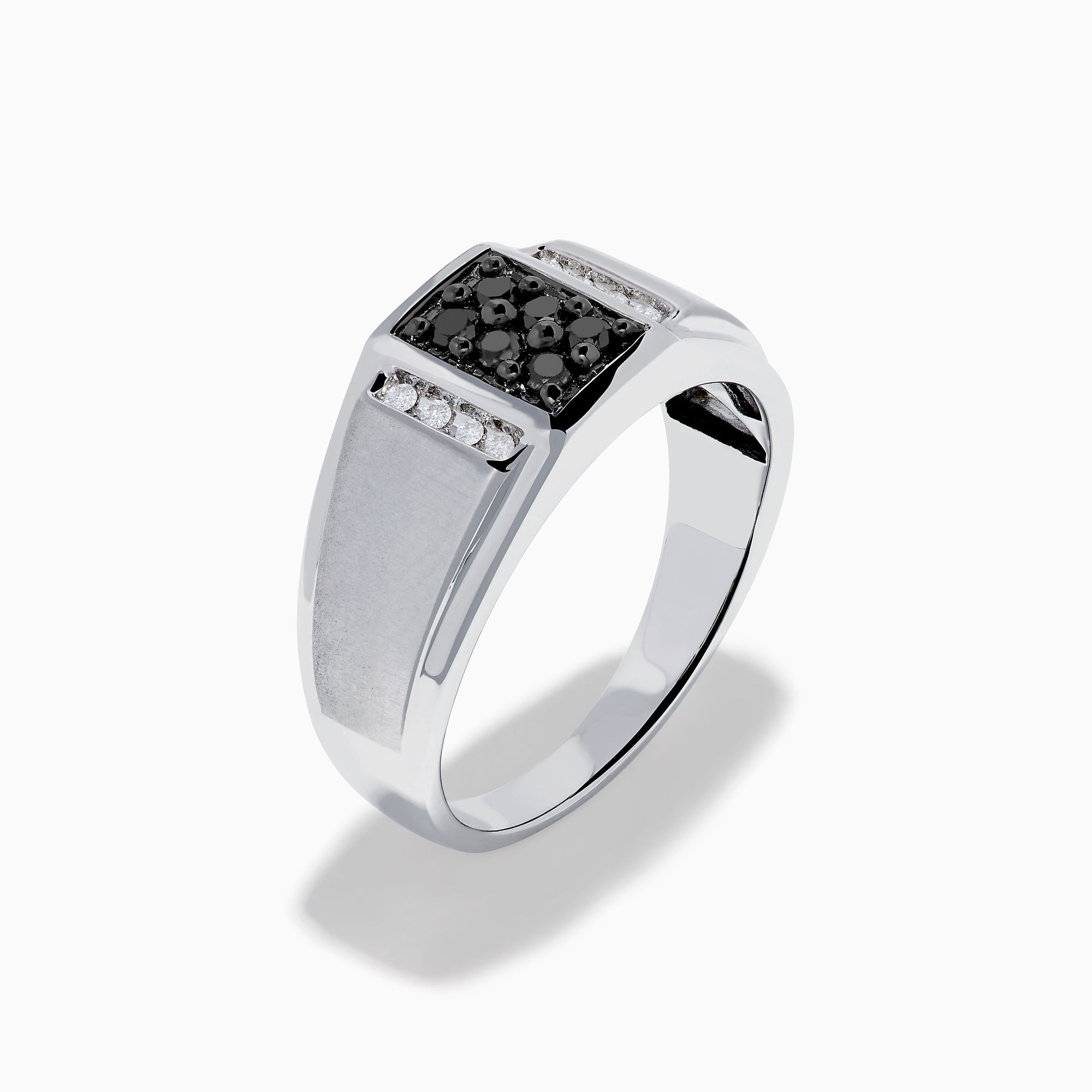 Mens 14K White Gold White and Black Diamond Ring with a rectangular black diamond cluster center, framed by two vertical rows of white diamonds on each side, shown on a plain white background.