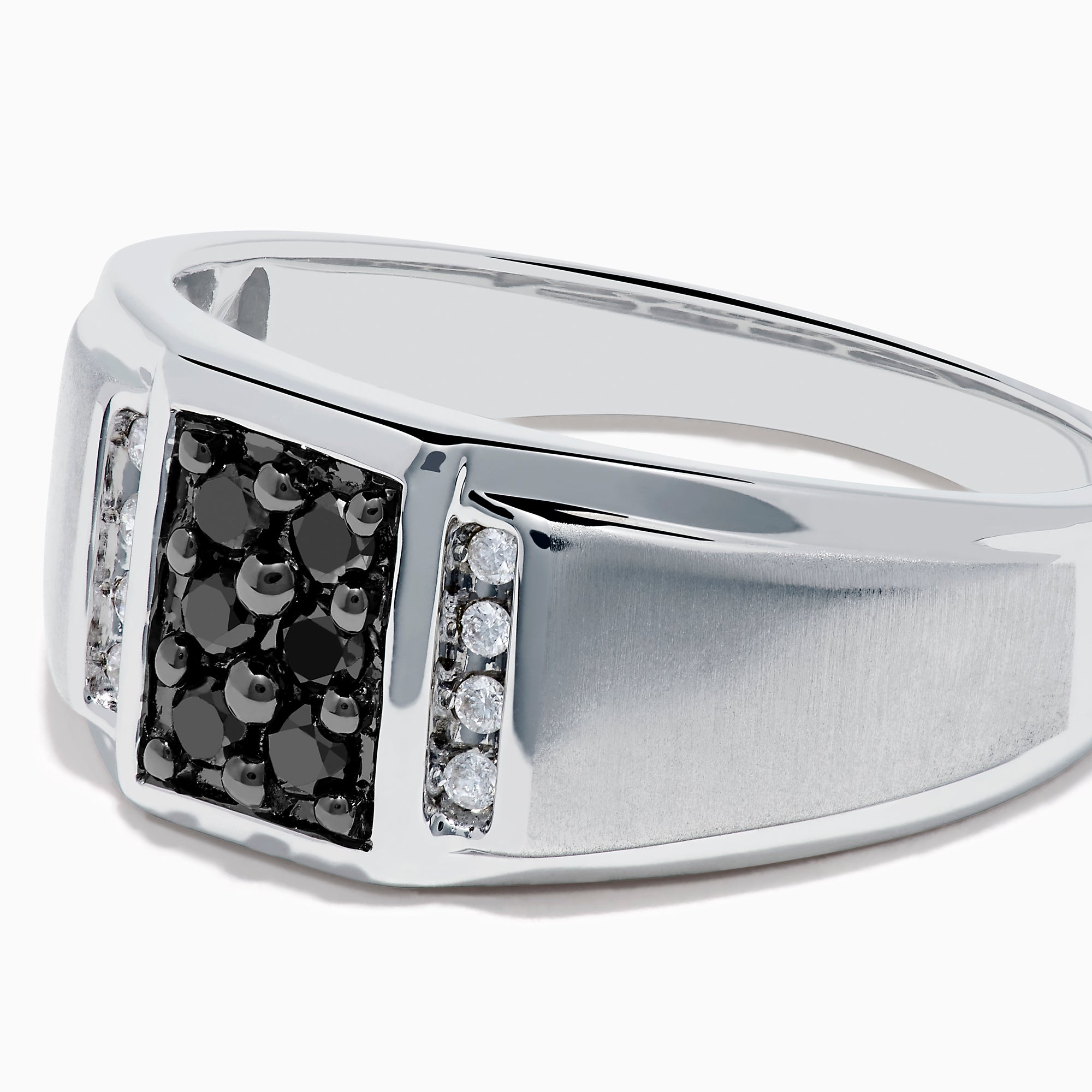 Mens 14K White Gold White and Black Diamond Ring with a rectangular black diamond cluster center, framed by two vertical rows of white diamonds on each side, shown on a plain white background.