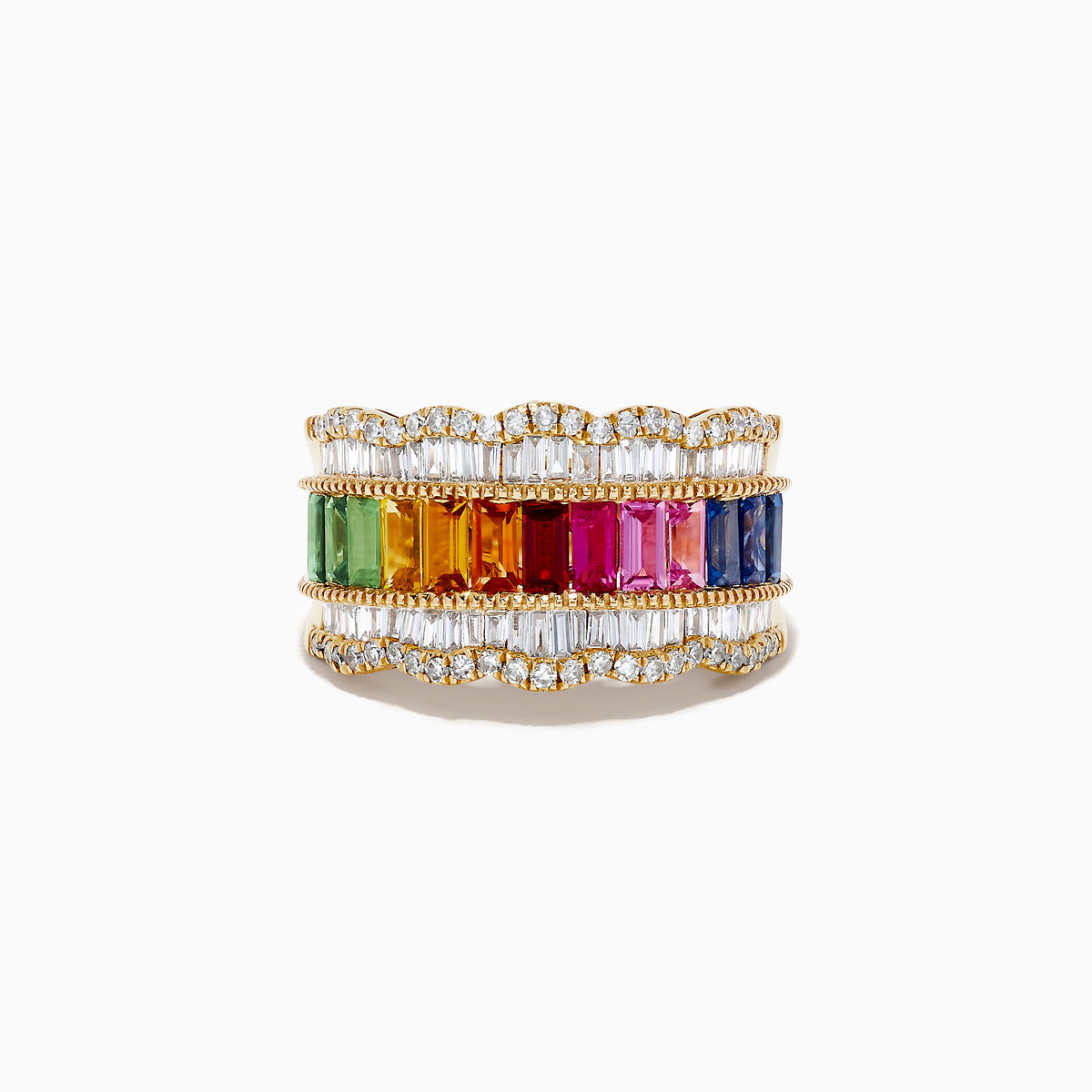The Watercolor 14k Yellow Gold Multi Sapphire and Diamond Ring showcases a central rainbow row of sapphires bordered by scalloped rows of baguette diamonds.