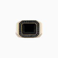 The Mens 14K Yellow Gold White and Black Diamond Onyx Ring features a large rectangular black onyx, framed by small black diamonds and accented with white diamonds on the sides, set in yellow gold.