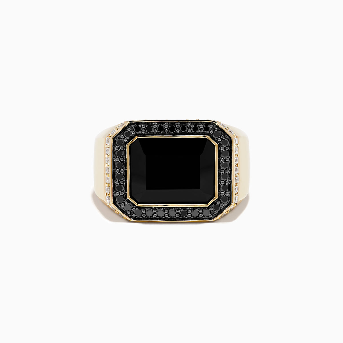The Mens 14K Yellow Gold White and Black Diamond Onyx Ring features a large rectangular black onyx, framed by small black diamonds and accented with white diamonds on the sides, set in yellow gold.