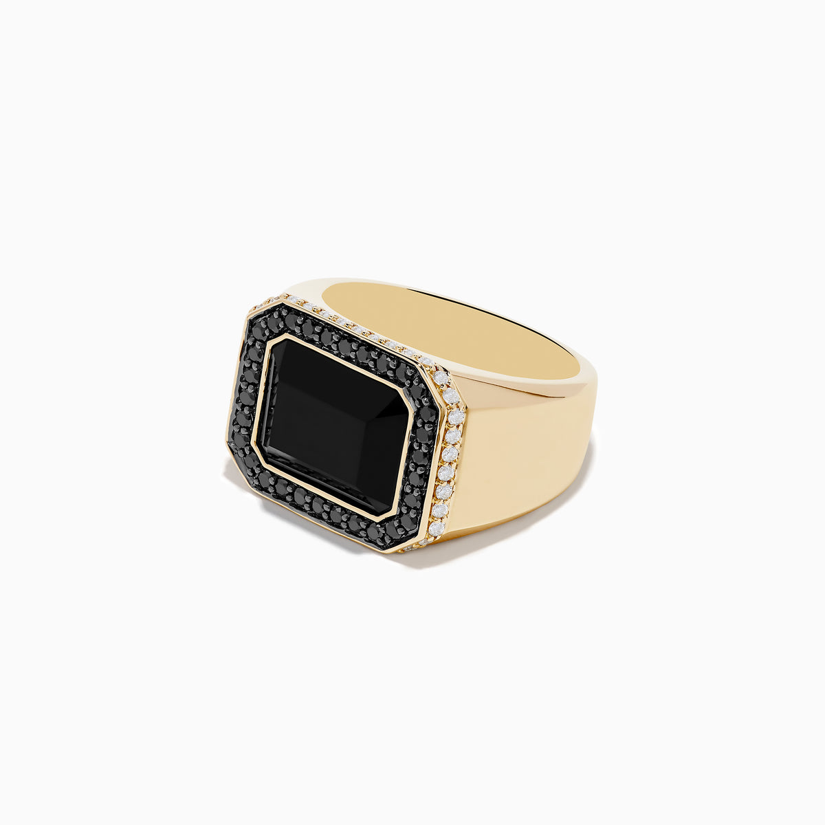 The Mens 14K Yellow Gold White and Black Diamond Onyx Ring features a large rectangular black onyx, framed by small black diamonds and accented with white diamonds on the sides, set in yellow gold.