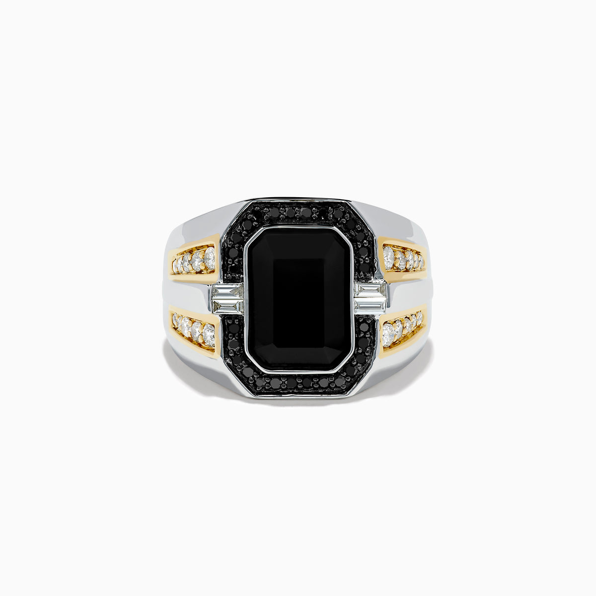 The Mens 14K White & Yellow Gold White and Black Diamond Onyx Ring features a large rectangular black onyx centerpiece, surrounded by white and black diamonds, with sparkling gems accenting the band.