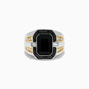 The Mens 14K White & Yellow Gold White and Black Diamond Onyx Ring features a large rectangular black onyx centerpiece, surrounded by white and black diamonds, with sparkling gems accenting the band.