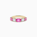 The 14k Yellow Gold Pink Sapphire and Diamond Ring features three round pink sapphires with two vertical rows of small white diamonds between each gemstone, all set against a plain white background.