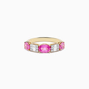 The 14k Yellow Gold Pink Sapphire and Diamond Ring features three round pink sapphires with two vertical rows of small white diamonds between each gemstone, all set against a plain white background.