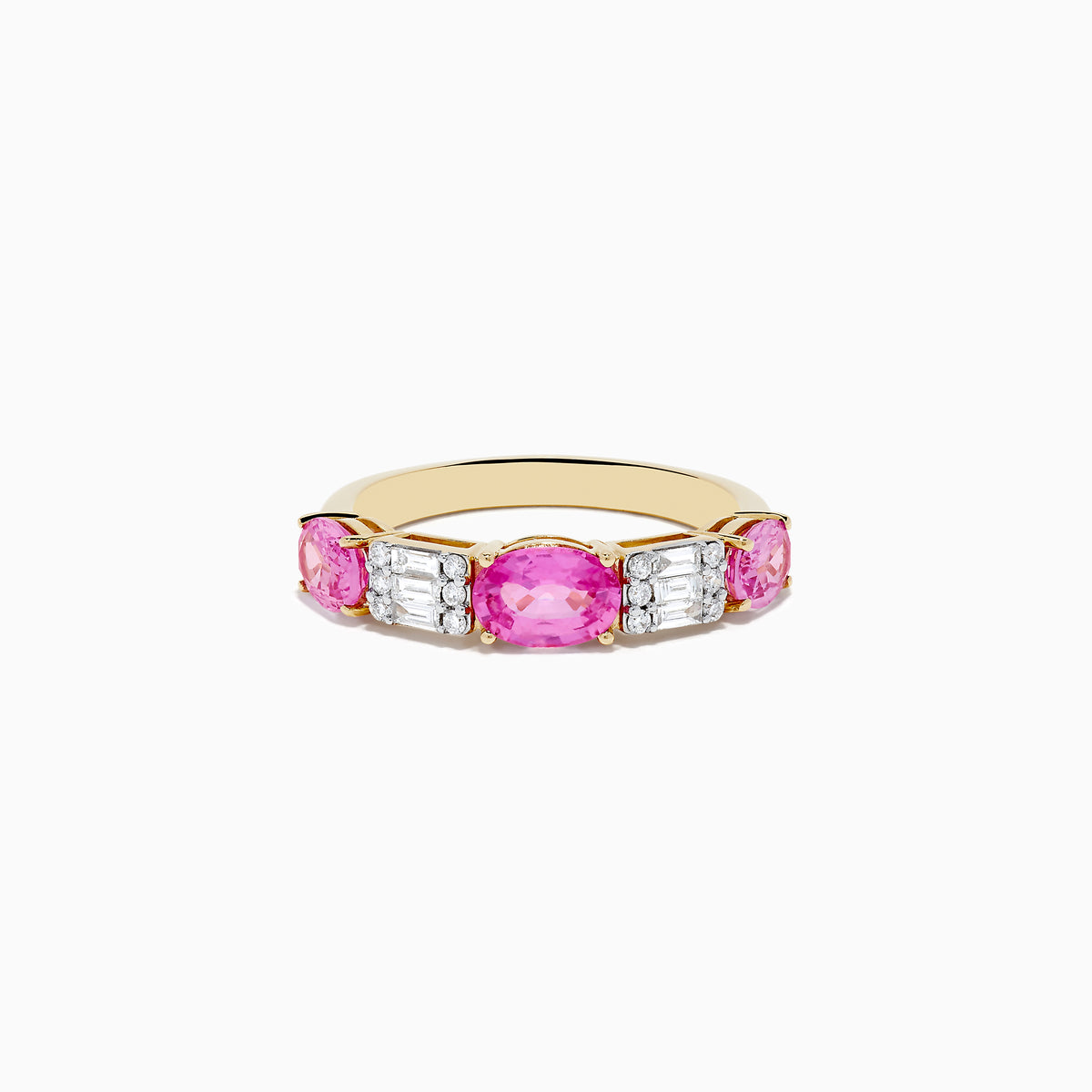The 14k Yellow Gold Pink Sapphire and Diamond Ring features three round pink sapphires with two vertical rows of small white diamonds between each gemstone, all set against a plain white background.