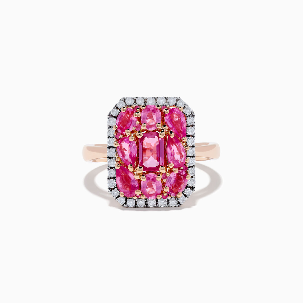 The 14K Rose Gold Pink Sapphire and Diamond Ring showcases multiple oval pink sapphires at the center, bordered by round white diamonds, creating an elegant and brilliant jewelry piece.