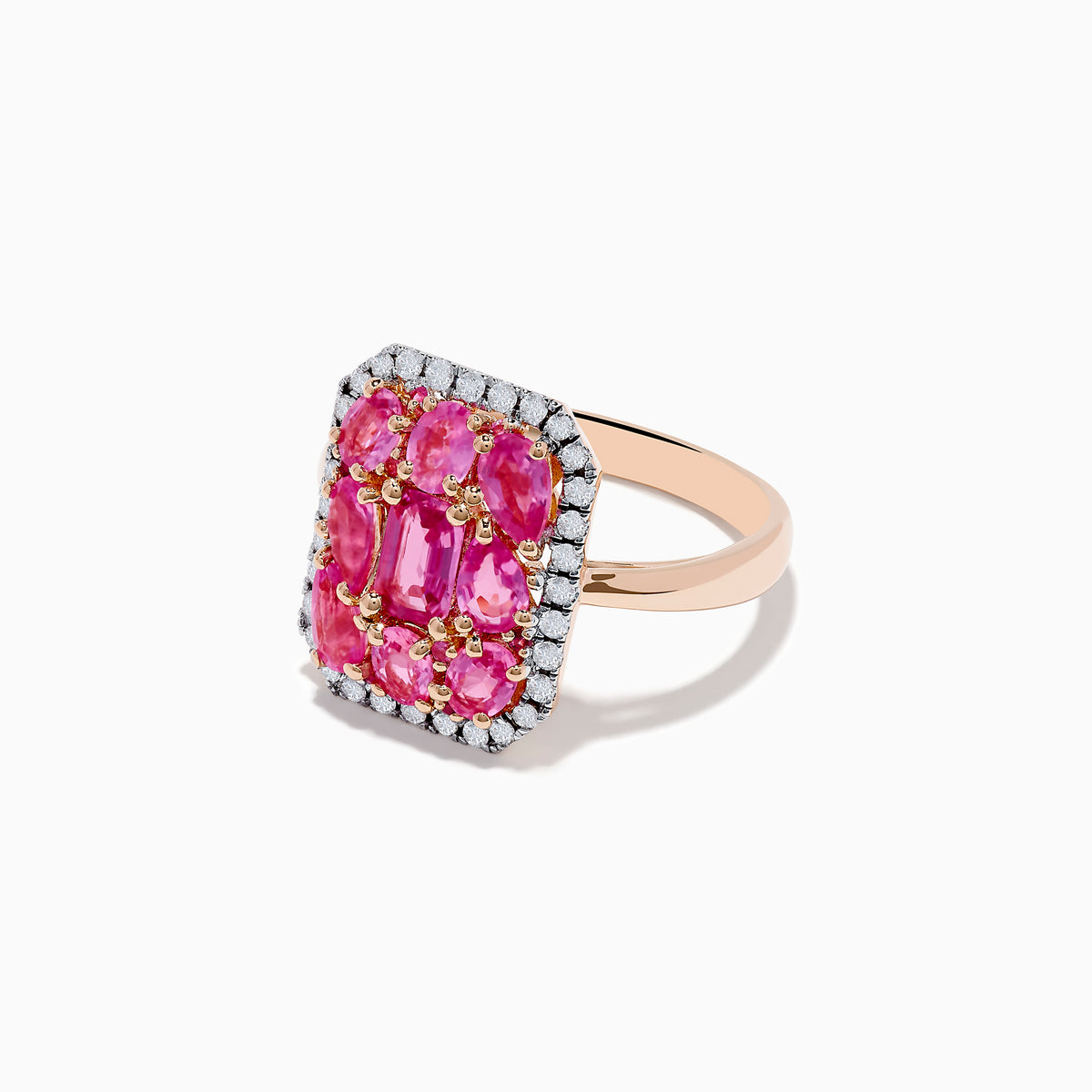 The 14K Rose Gold Pink Sapphire and Diamond Ring showcases multiple oval pink sapphires at the center, bordered by round white diamonds, creating an elegant and brilliant jewelry piece.