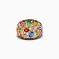 The Watercolors 14K Yellow Gold Multi Sapphire and Diamond Ring features vibrant green, blue, pink, orange, and purple sapphires accented by sparkling white diamonds along the edges.