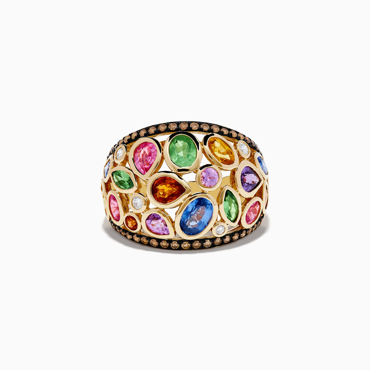 The Watercolors 14K Yellow Gold Multi Sapphire and Diamond Ring features vibrant green, blue, pink, orange, and purple sapphires accented by sparkling white diamonds along the edges.