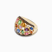 The Watercolors 14K Yellow Gold Multi Sapphire and Diamond Ring features vibrant green, blue, pink, orange, and purple sapphires accented by sparkling white diamonds along the edges.