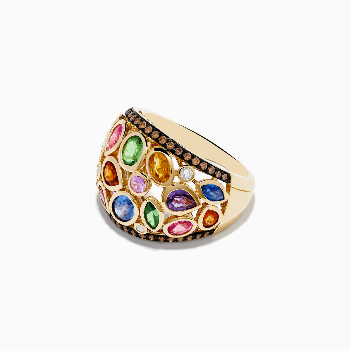 The Watercolors 14K Yellow Gold Multi Sapphire and Diamond Ring features vibrant green, blue, pink, orange, and purple sapphires accented by sparkling white diamonds along the edges.