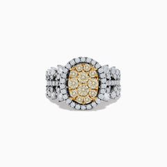 The Canare 14K Two Tone White and Yellow Diamond Ring showcases an oval cluster of yellow diamonds, accented by a white diamond halo and band in a striking multi-row design.