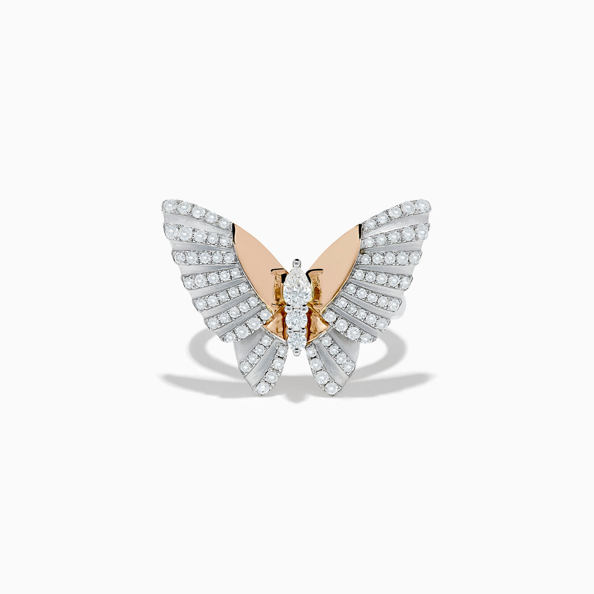 The Nature 14K Two Tone Gold Diamond Butterfly Ring features detailed, sparkling diamond-adorned wings and a polished gold center, beautifully showcased on a plain white background.