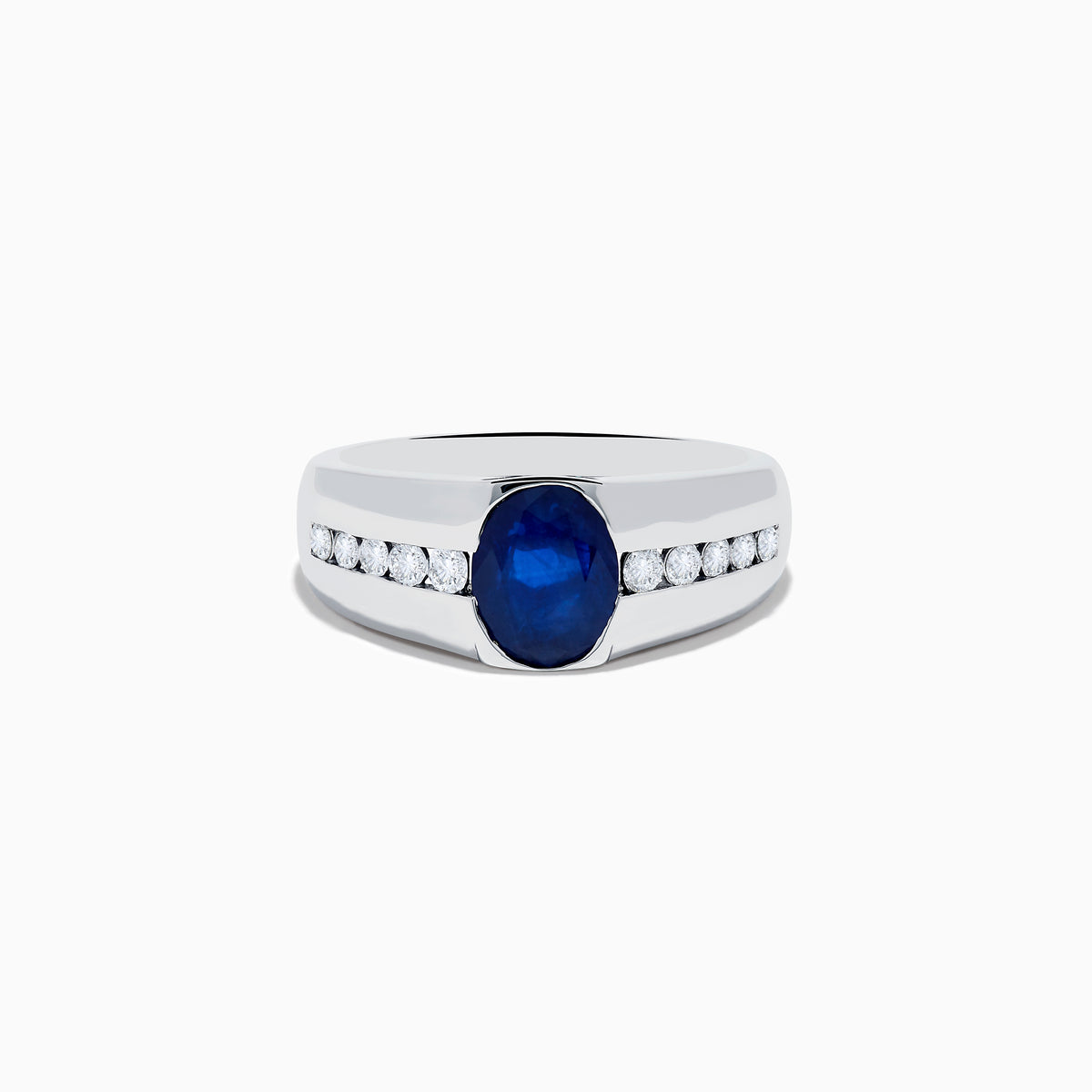 The Mens 14K White Gold Sapphire and Diamond Ring features a large oval blue sapphire at the center, accented on each side by rows of small round white diamonds set into the stylish band.
