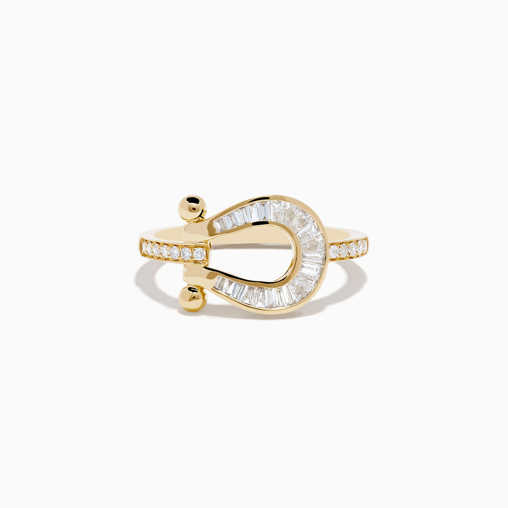 The Novelty 14K Yellow Gold Diamond Horseshoe Ring features baguette-cut diamonds and two small gold spheres at each end, elegantly displayed on a white background.