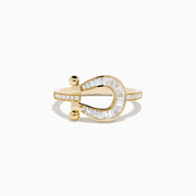 The Novelty 14K Yellow Gold Diamond Horseshoe Ring features baguette-cut diamonds and two small gold spheres at each end, elegantly displayed on a white background.