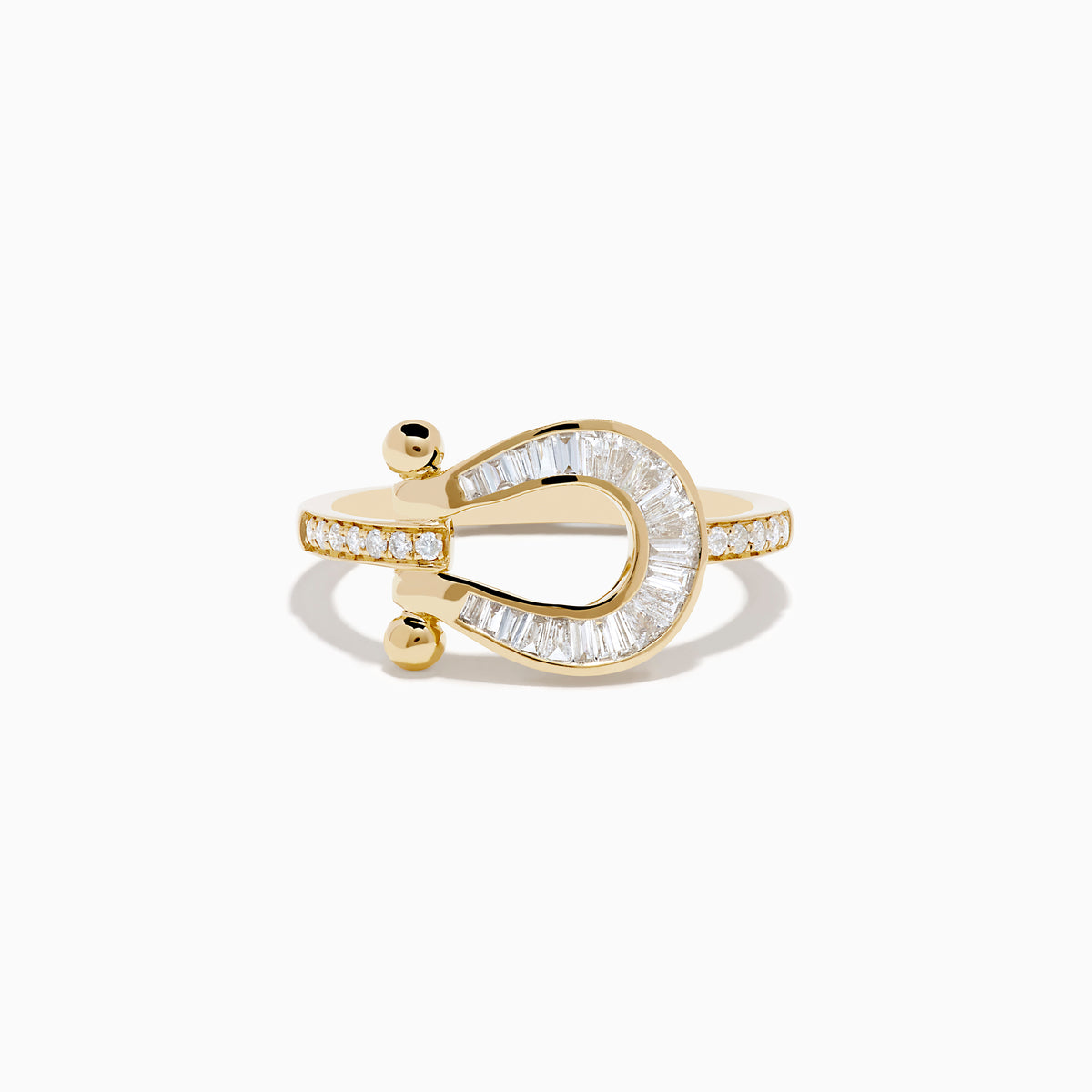 The Novelty 14K Yellow Gold Diamond Horseshoe Ring features baguette-cut diamonds and two small gold spheres at each end, elegantly displayed on a white background.