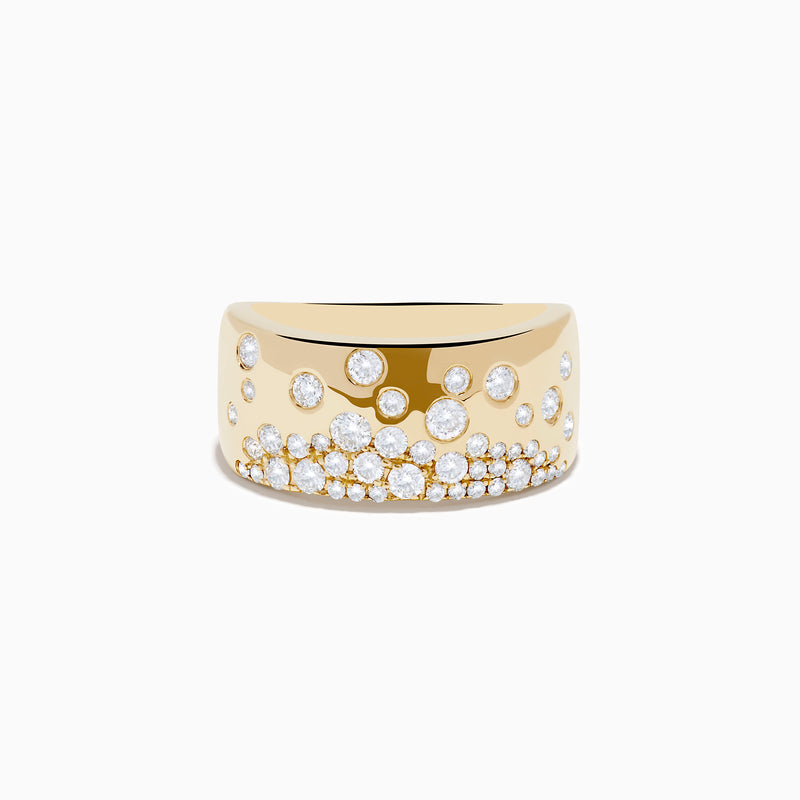 The DOro 14K Yellow Gold Scattered Diamonds Ring features a wide band adorned with round, sparkling white diamonds of varying sizes across the front, creating an elegant, textured pattern.