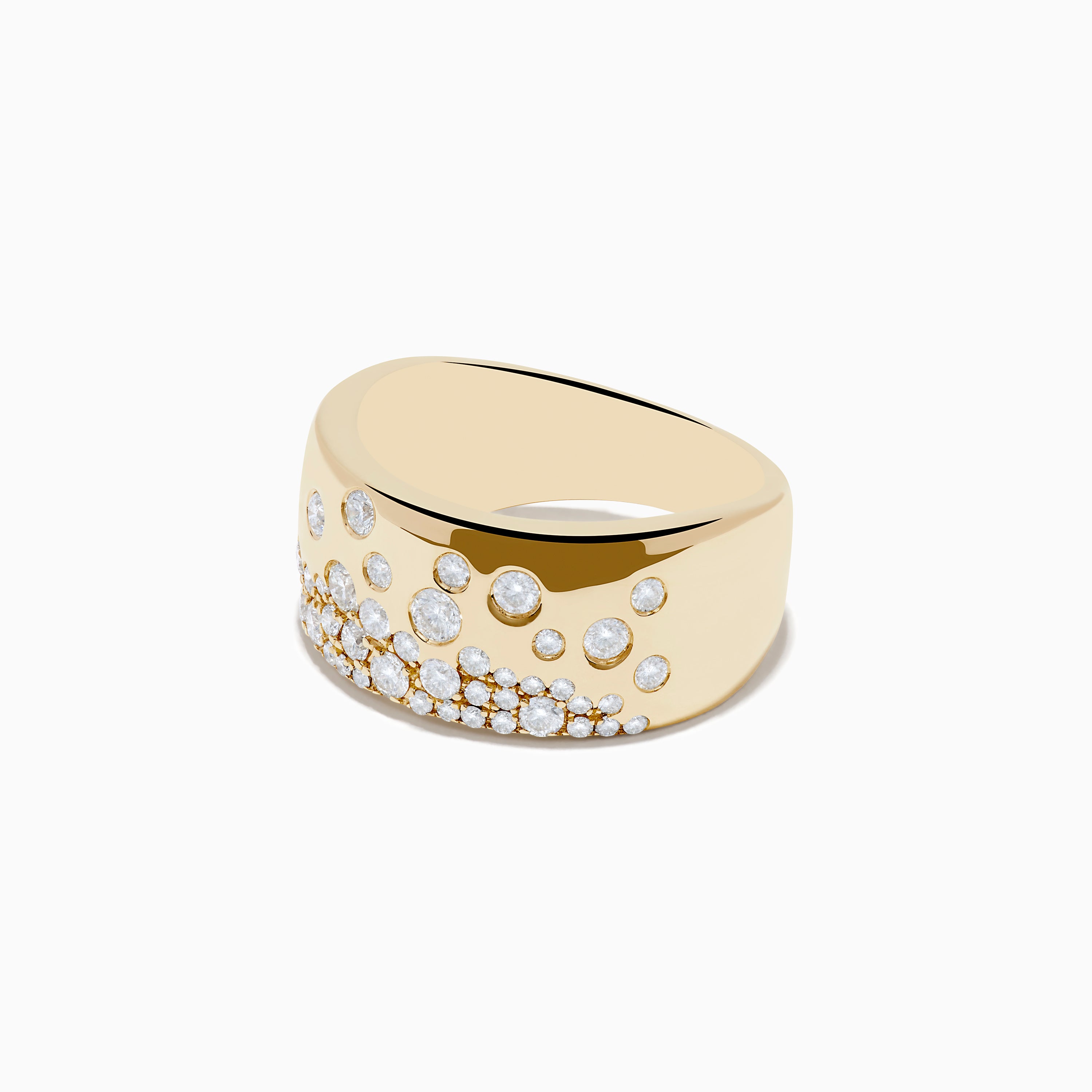 The DOro 14K Yellow Gold Scattered Diamonds Ring features a wide band adorned with round, sparkling white diamonds of varying sizes across the front, creating an elegant, textured pattern.