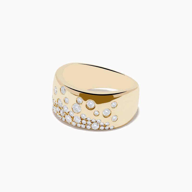 The DOro 14K Yellow Gold Scattered Diamonds Ring features a wide band adorned with round, sparkling white diamonds of varying sizes across the front, creating an elegant, textured pattern.