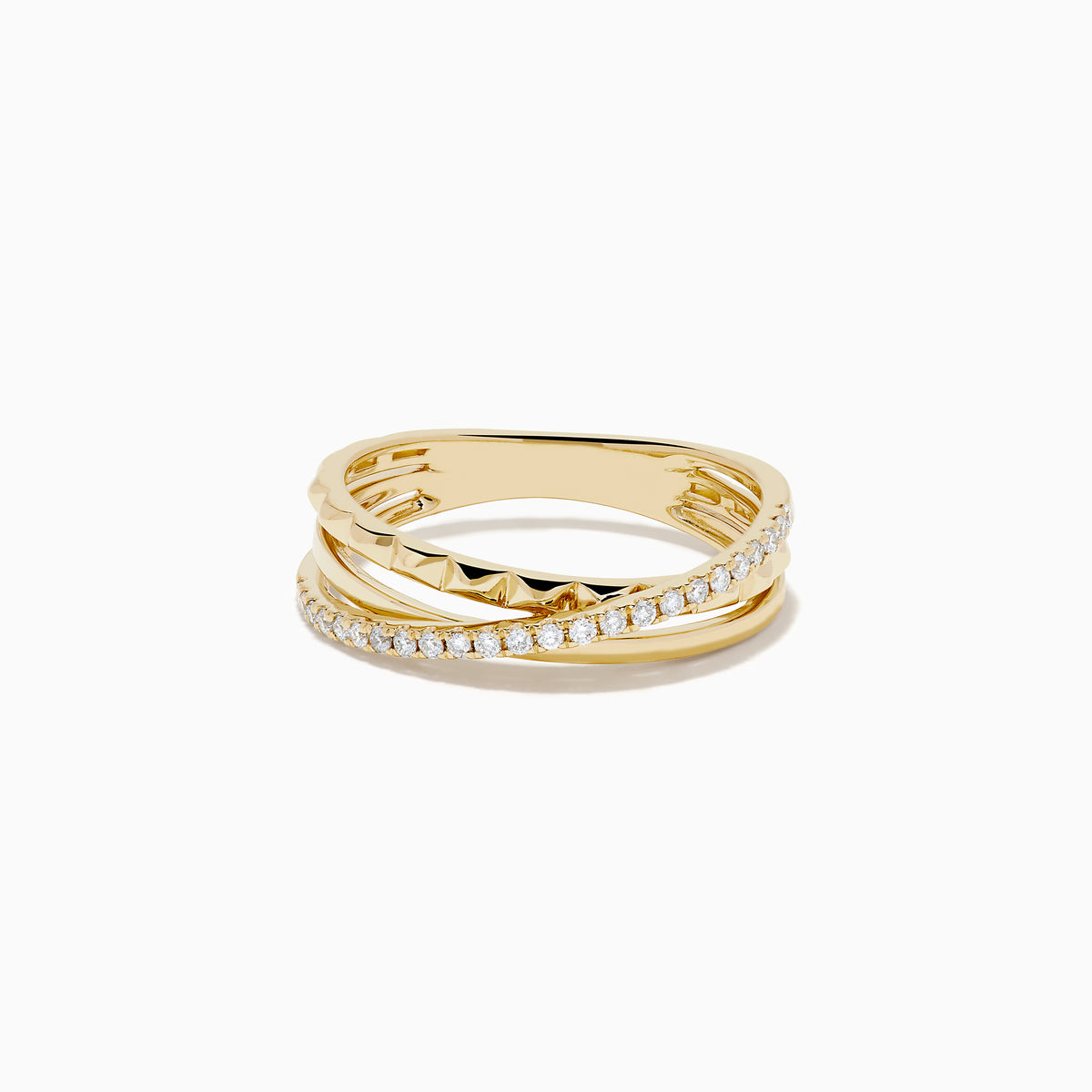 The 14K Yellow Gold Diamond Studded Crossover Ring features three intertwined yellow gold bands, with one pavé set with sparkling white diamonds, shown against a white background.