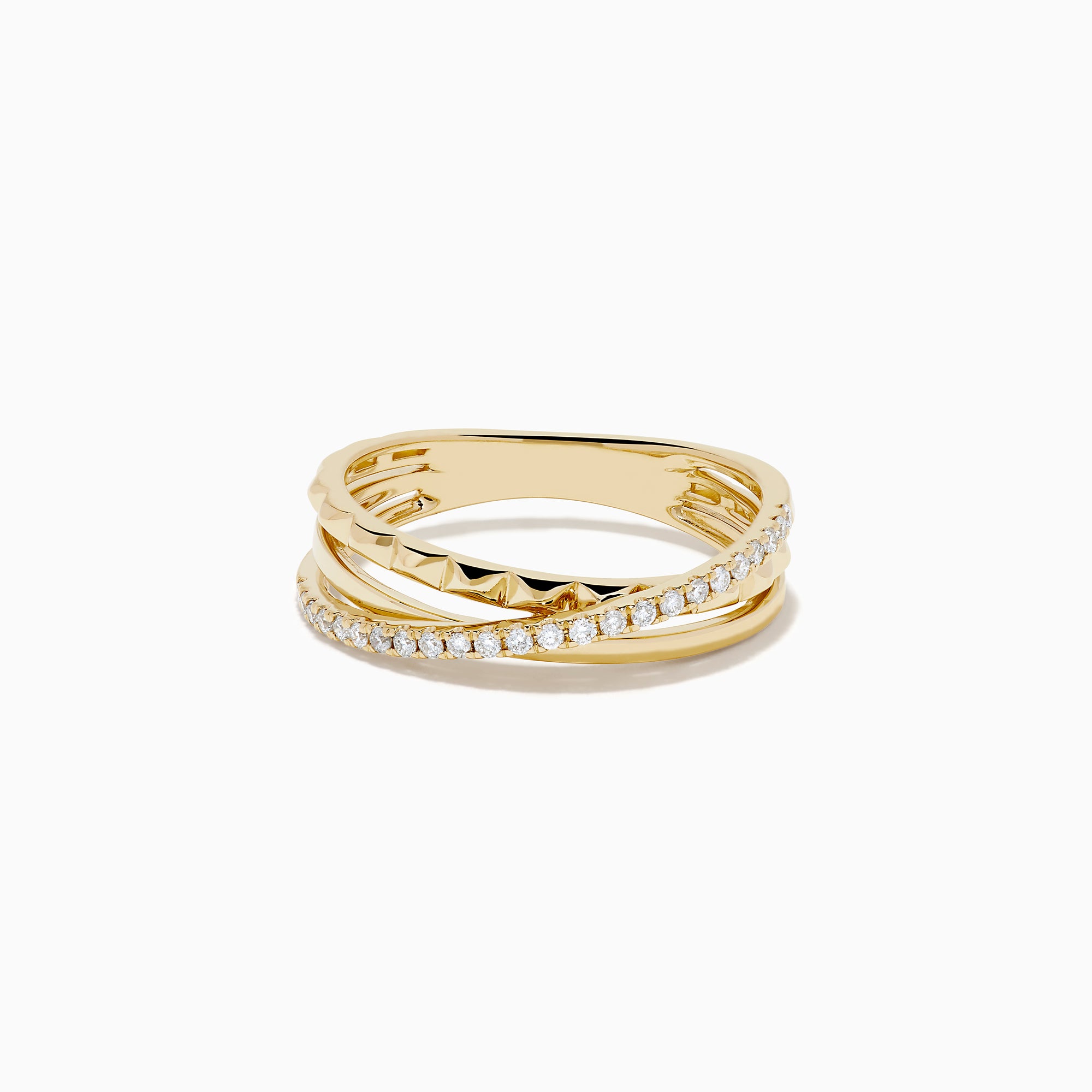 The 14K Yellow Gold Diamond Studded Crossover Ring features three intertwined yellow gold bands, with one pavé set with sparkling white diamonds, shown against a white background.