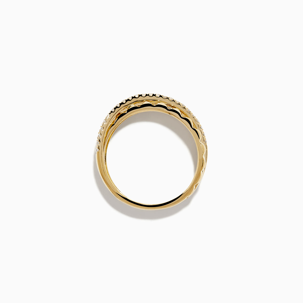 The 14K Yellow Gold Diamond Studded Crossover Ring features three intertwined yellow gold bands, with one pavé set with sparkling white diamonds, shown against a white background.